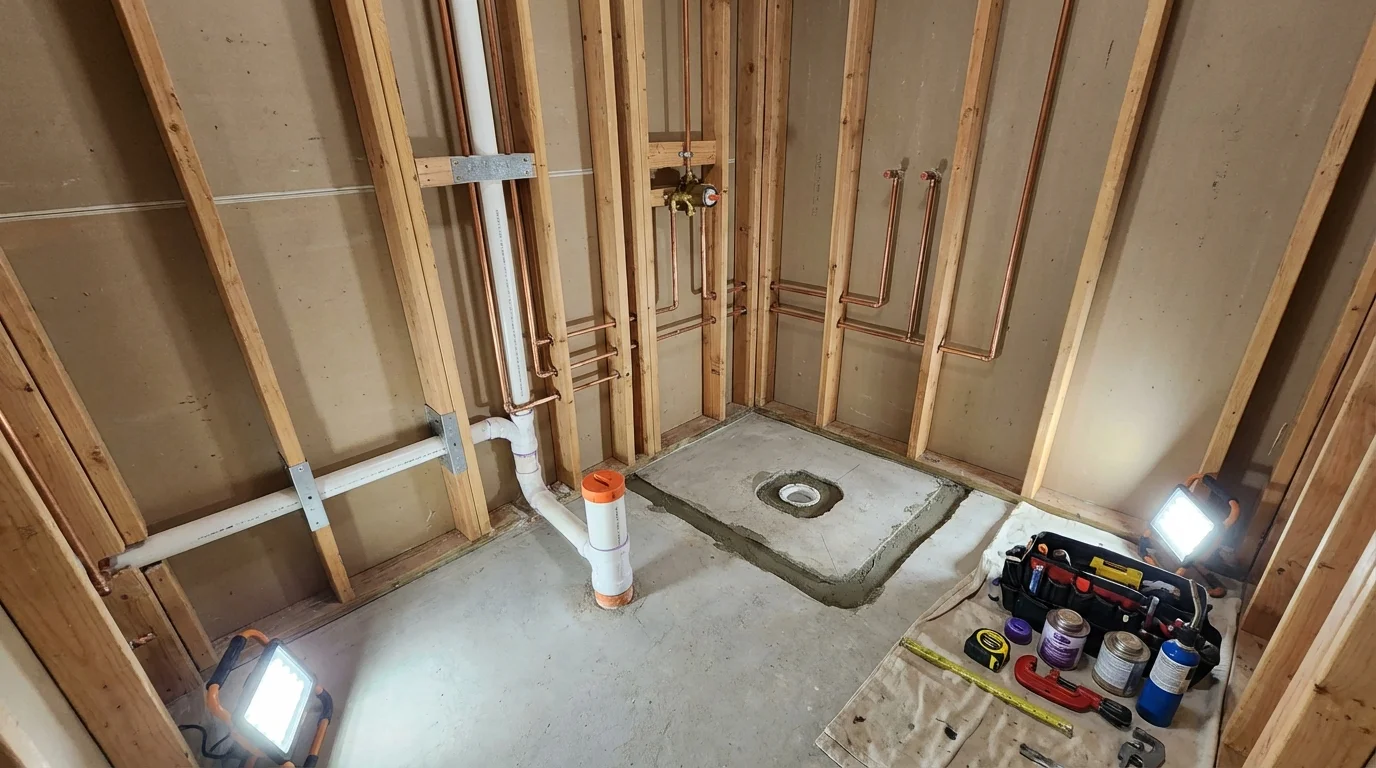 Bathroom rough-in plumbing during remodel by Johns Plumbing LLC in Carey