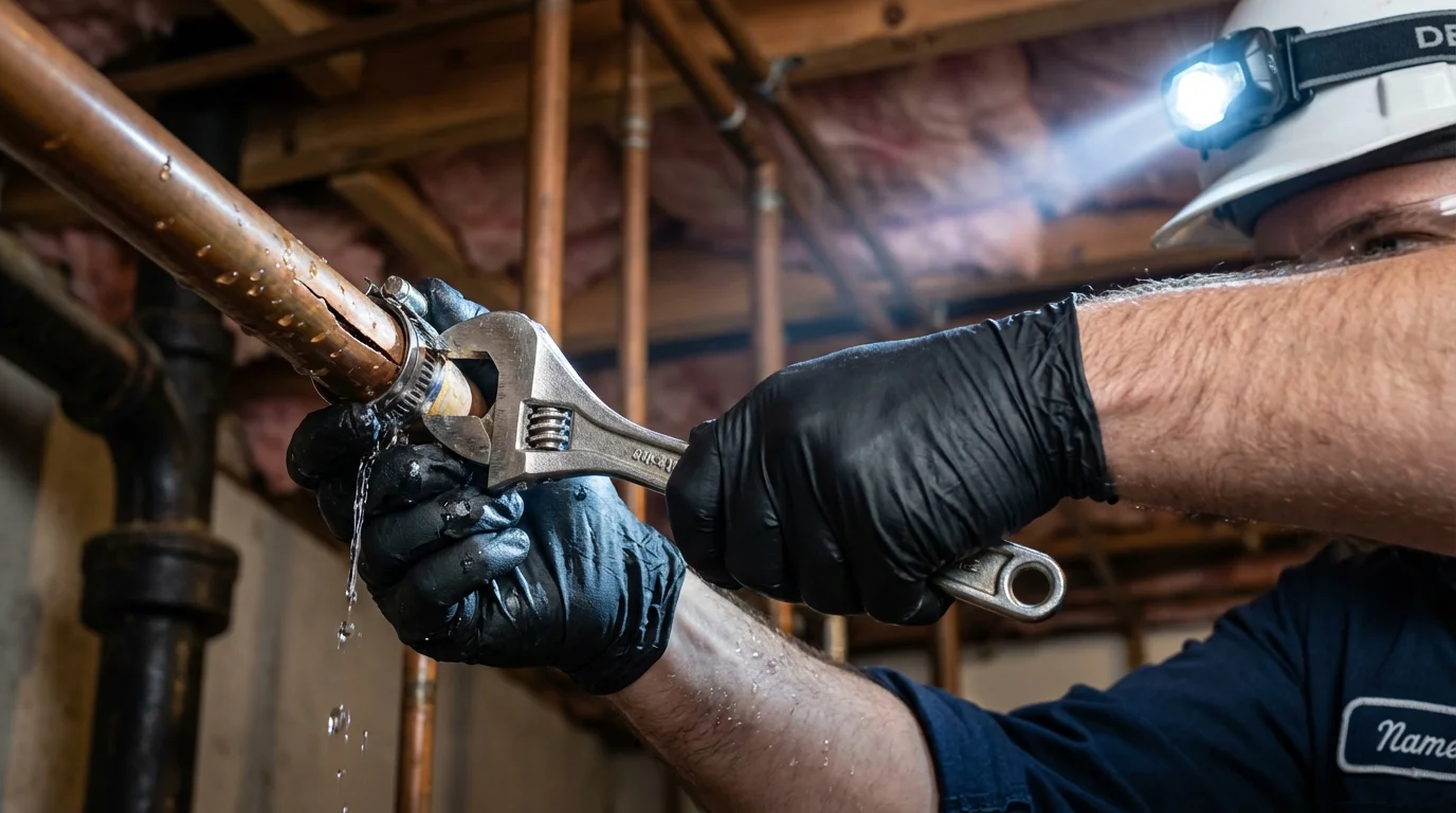 Emergency pipe clamp repair being performed by a Johns Plumbing LLC plumber in Carey