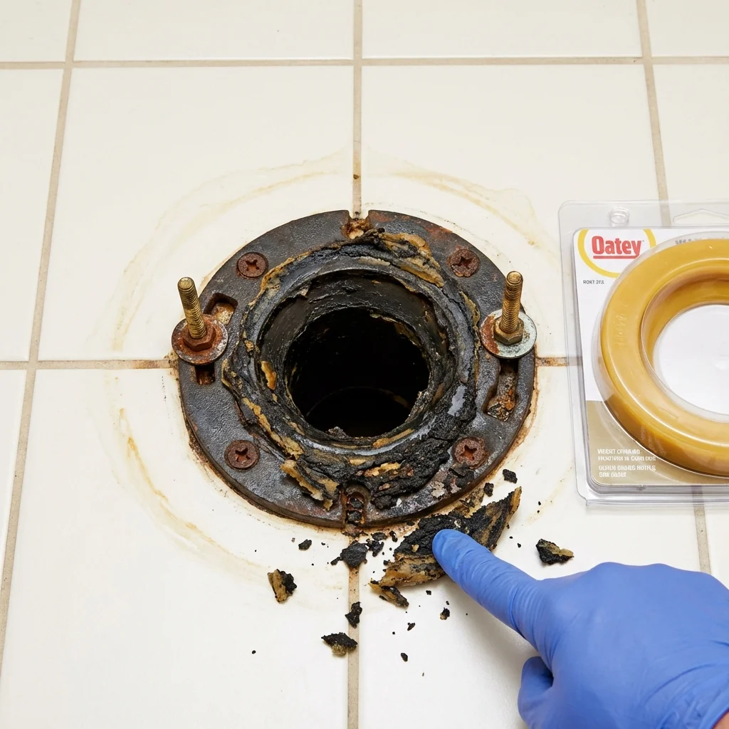 Failed wax ring showing water seepage at the base of a toilet in a Carey, OH home